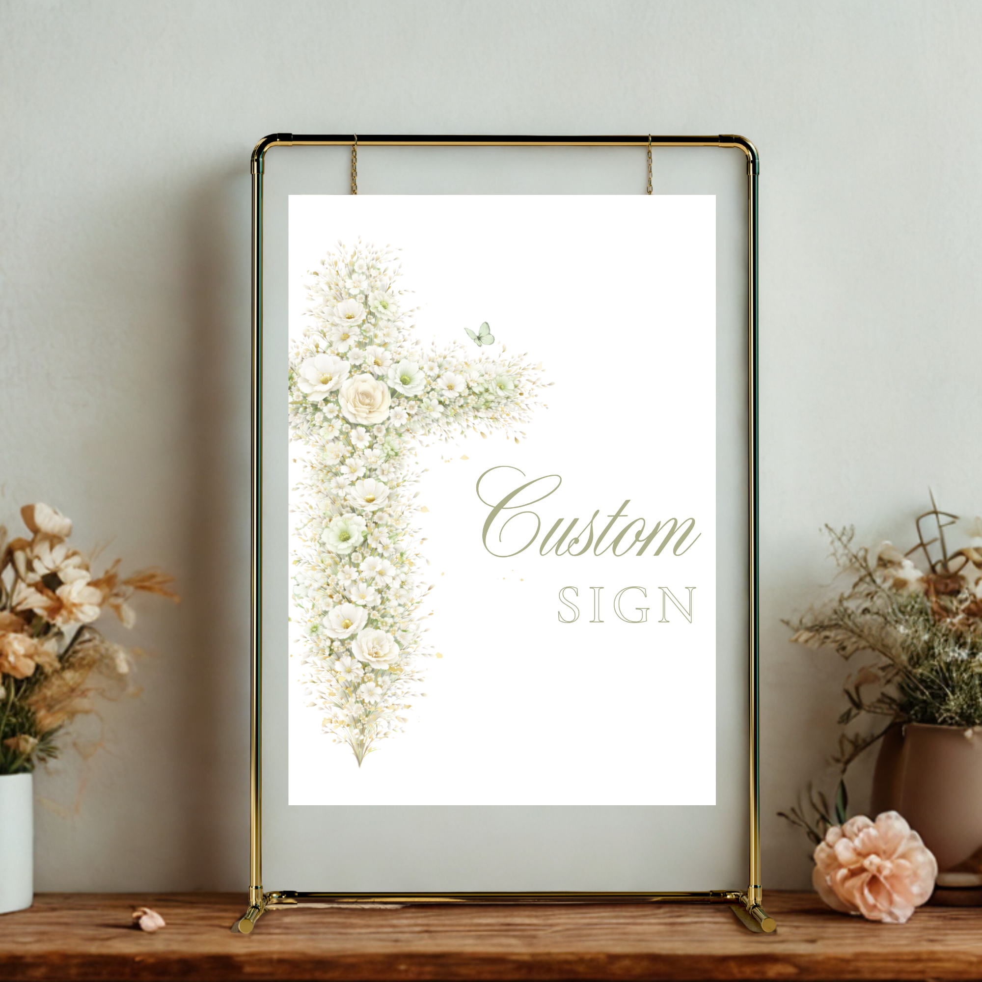 Elegant sage green floral baptism custom sign with vintage floral cross editable in Canva for christening celebrations