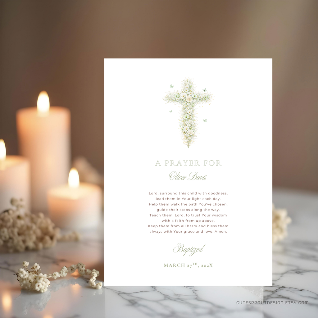 Elegant sage green floral baptism prayer sign with vintage floral cross editable in Canva for christening celebrations