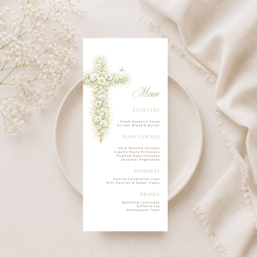 Elegant sage green floral baptism menu template with vintage floral cross editable in Canva for christening celebrations
