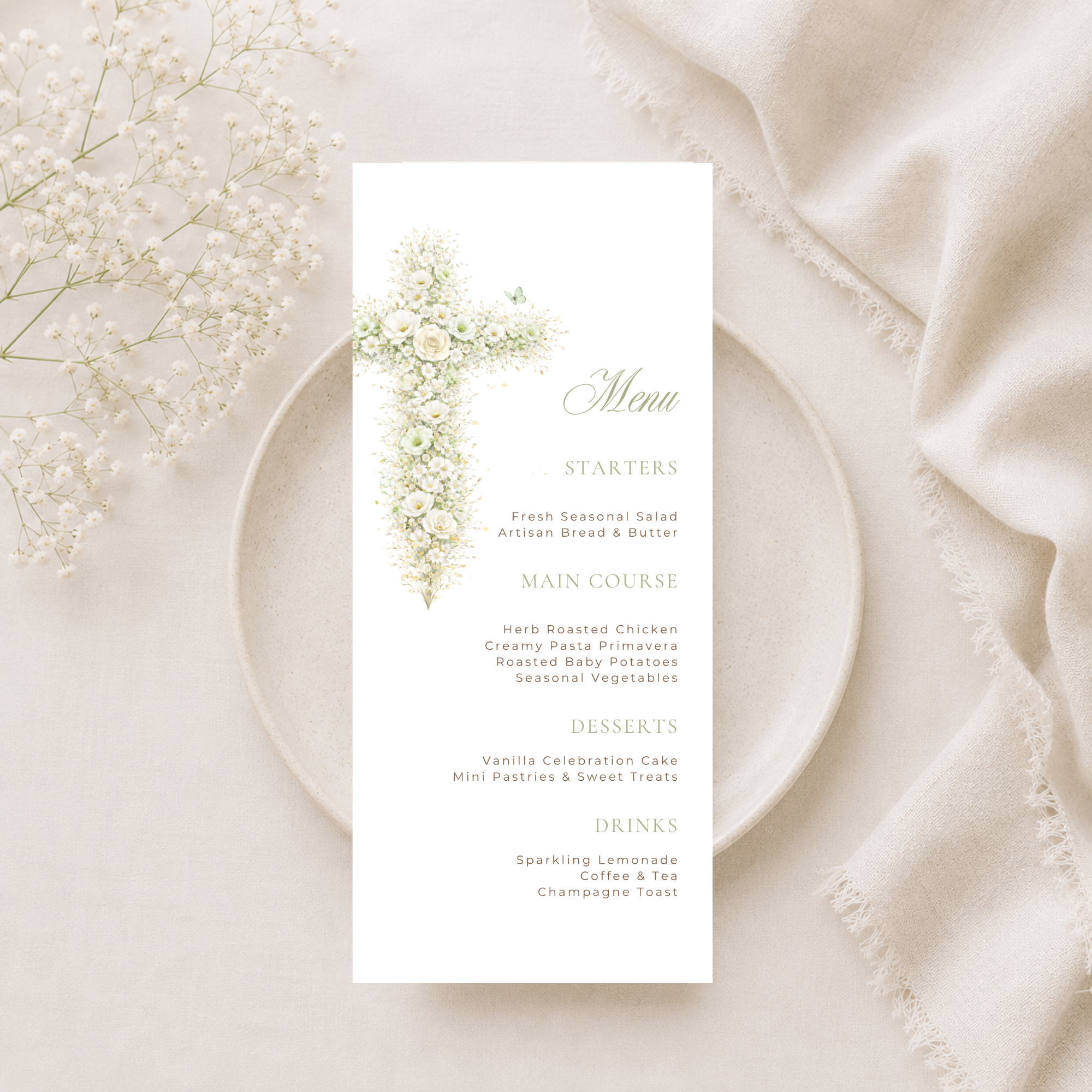 Elegant sage green floral baptism menu template with vintage floral cross editable in Canva for christening celebrations