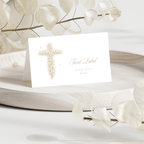 Vintage floral baptism food label with neutral gold floral cross and elegant beige christening buffet table card design