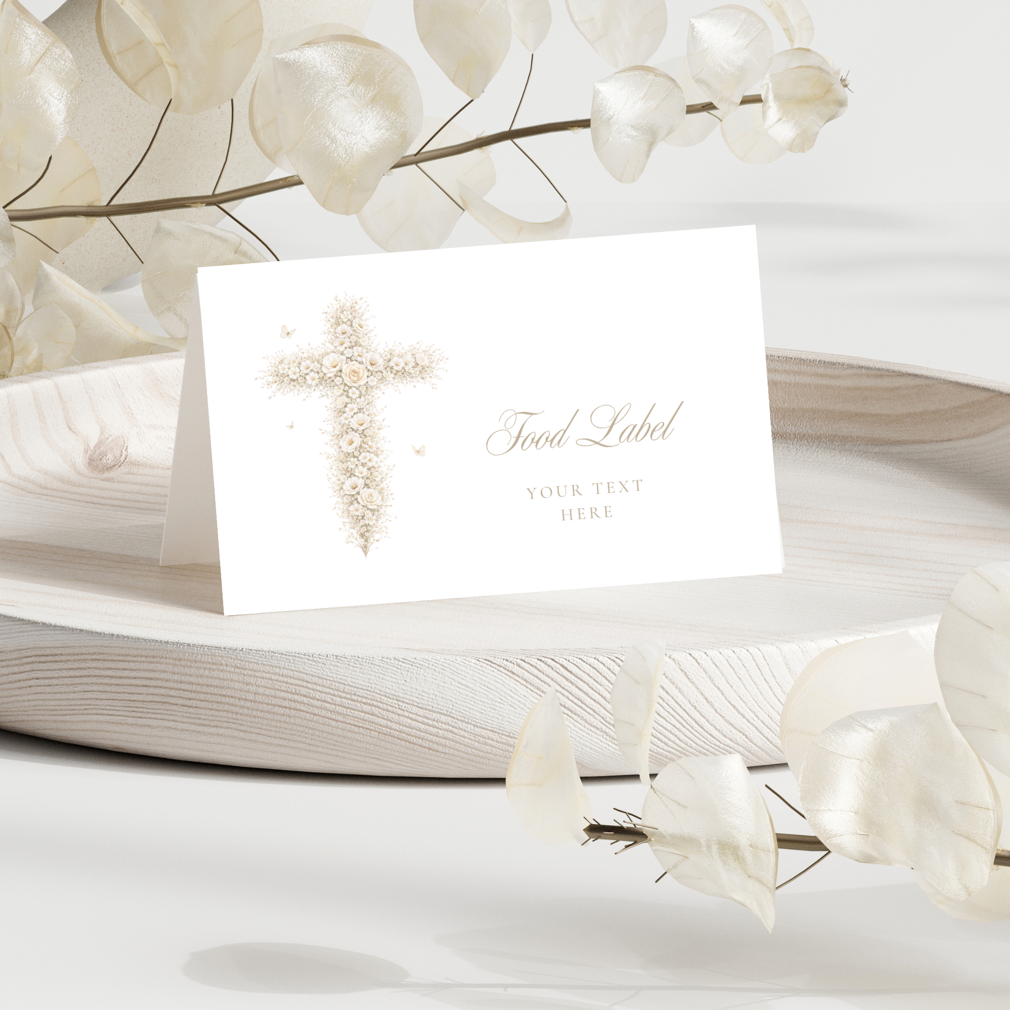 Vintage floral baptism food label with neutral gold floral cross and elegant beige christening buffet table card design