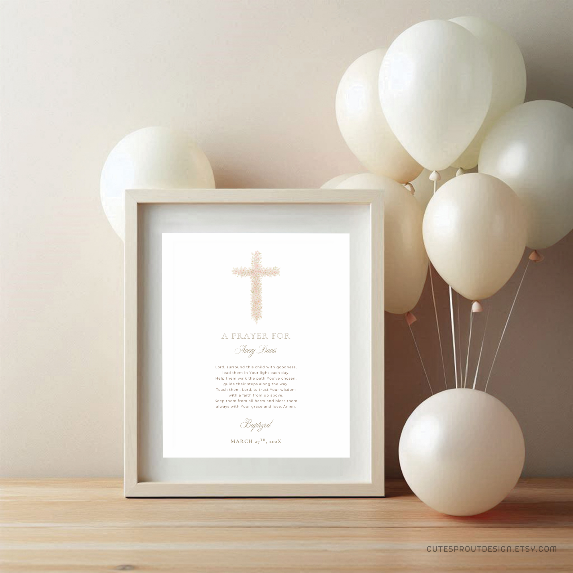 Soft pink floral baptism prayer sign with elegant blush floral cross and editable religious prayer layout