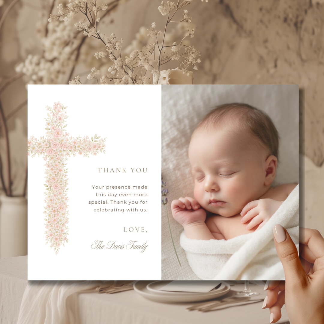 Soft pink floral baptism thank you card with photo layout and elegant blush floral cross design