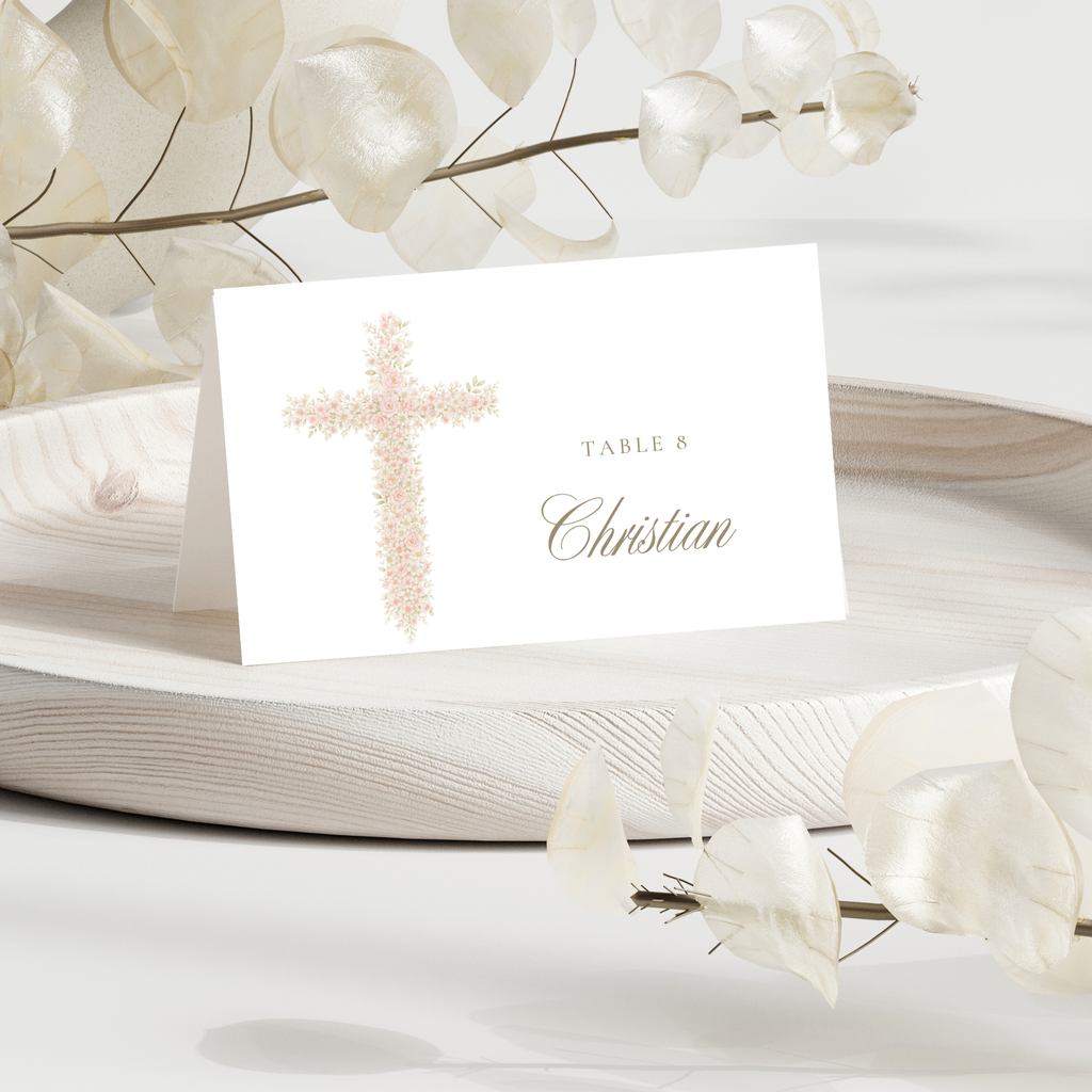 Soft pink floral baptism folded place card with blush floral cross and elegant seating card design