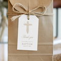 Vintage floral baptism favor tag with neutral gold floral cross design and elegant christening gift tag template