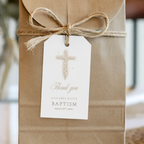 Vintage floral baptism favor tag with neutral gold floral cross design and elegant christening gift tag template