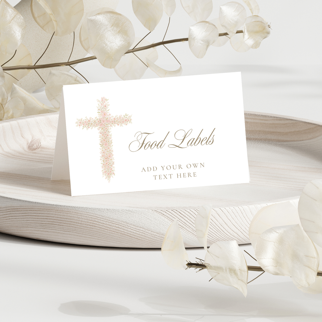 Soft pink floral baptism food labels with elegant blush floral cross and editable folded tent card design