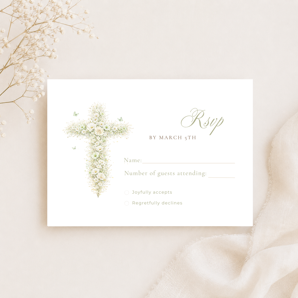 Elegant sage green floral baptism RSVP card with vintage floral cross editable in Canva for christening celebrations