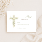 Elegant sage green floral baptism RSVP card with vintage floral cross editable in Canva for christening celebrations