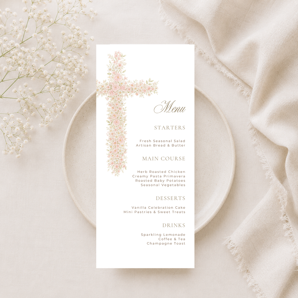Soft pink floral baptism menu card with elegant blush floral cross and editable menu layout