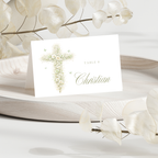 Vintage floral sage green baptism folded place card with elegant floral cross and editable seating template