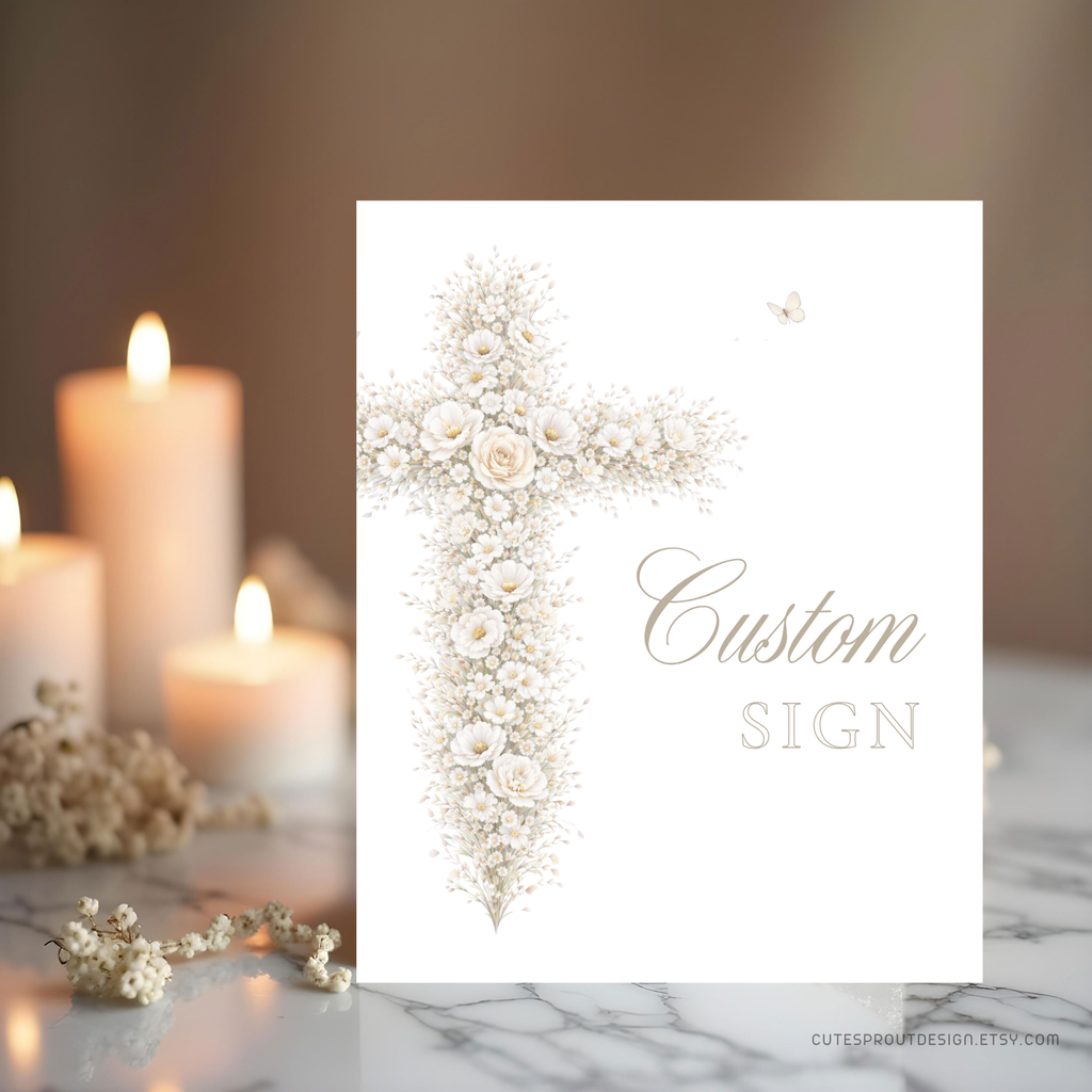 Vintage floral baptism custom sign with neutral gold floral cross and elegant beige christening event signage design