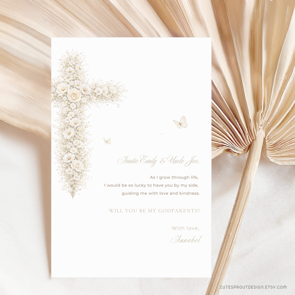 Vintage floral baptism godparents proposal card with neutral gold floral cross, soft beige tones, and elegant editable Canva design