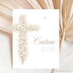 Vintage floral baptism custom sign with neutral gold floral cross and elegant beige christening event signage design