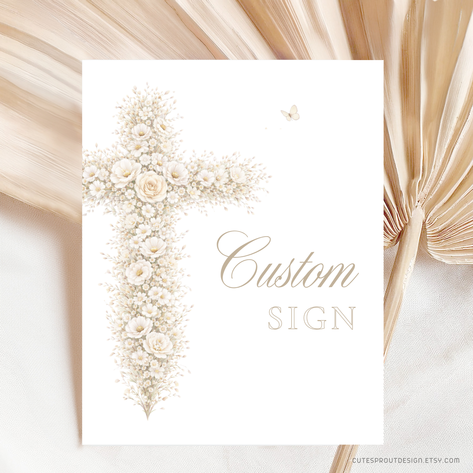 Vintage floral baptism custom sign with neutral gold floral cross and elegant beige christening event signage design