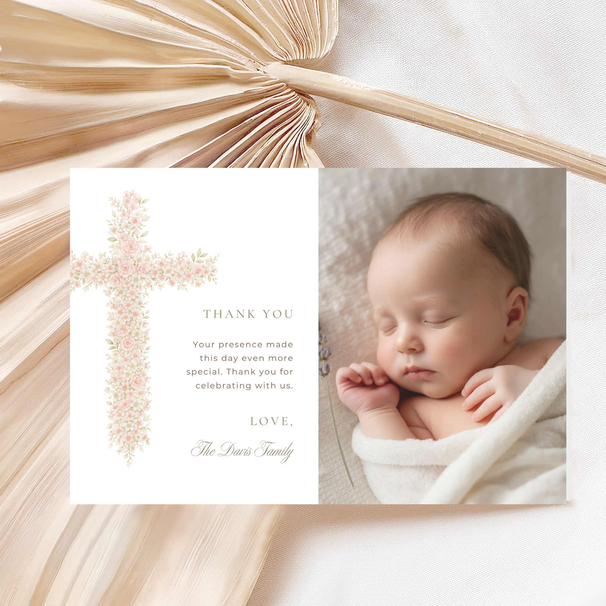 Soft pink floral baptism thank you card with photo layout and elegant blush floral cross design