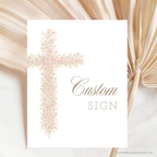 Soft pink floral baptism custom sign with elegant blush floral cross and editable personalized sign layout