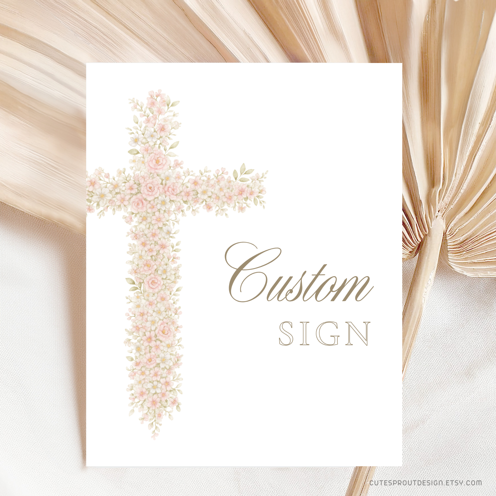 Soft pink floral baptism custom sign with elegant blush floral cross and editable personalized sign layout