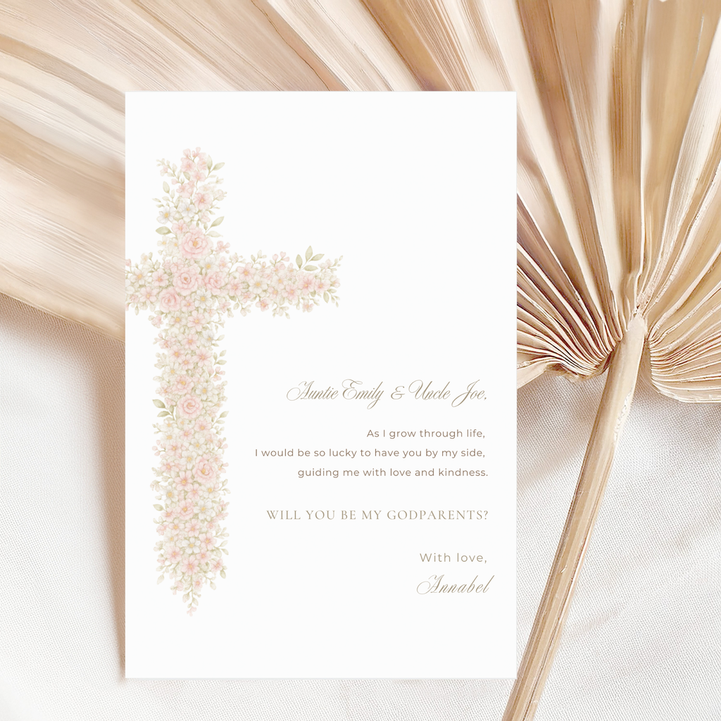 Soft pink floral baptism godparents proposal card with elegant blush floral cross and neutral religious design