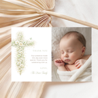 Vintage floral sage green baptism thank you card with baby photo and elegant floral cross editable in Canva