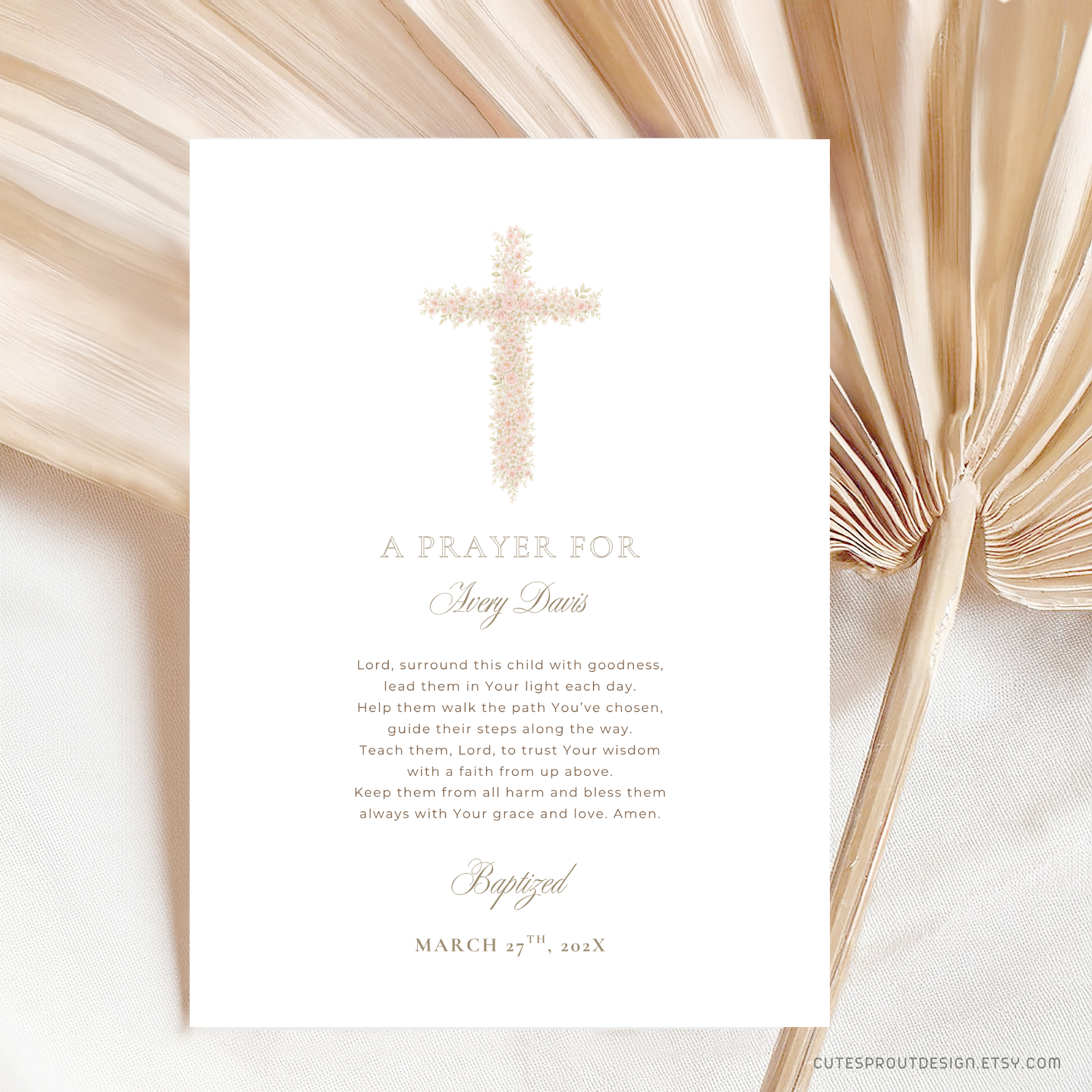 Soft pink floral baptism prayer sign with elegant blush floral cross and editable religious prayer layout