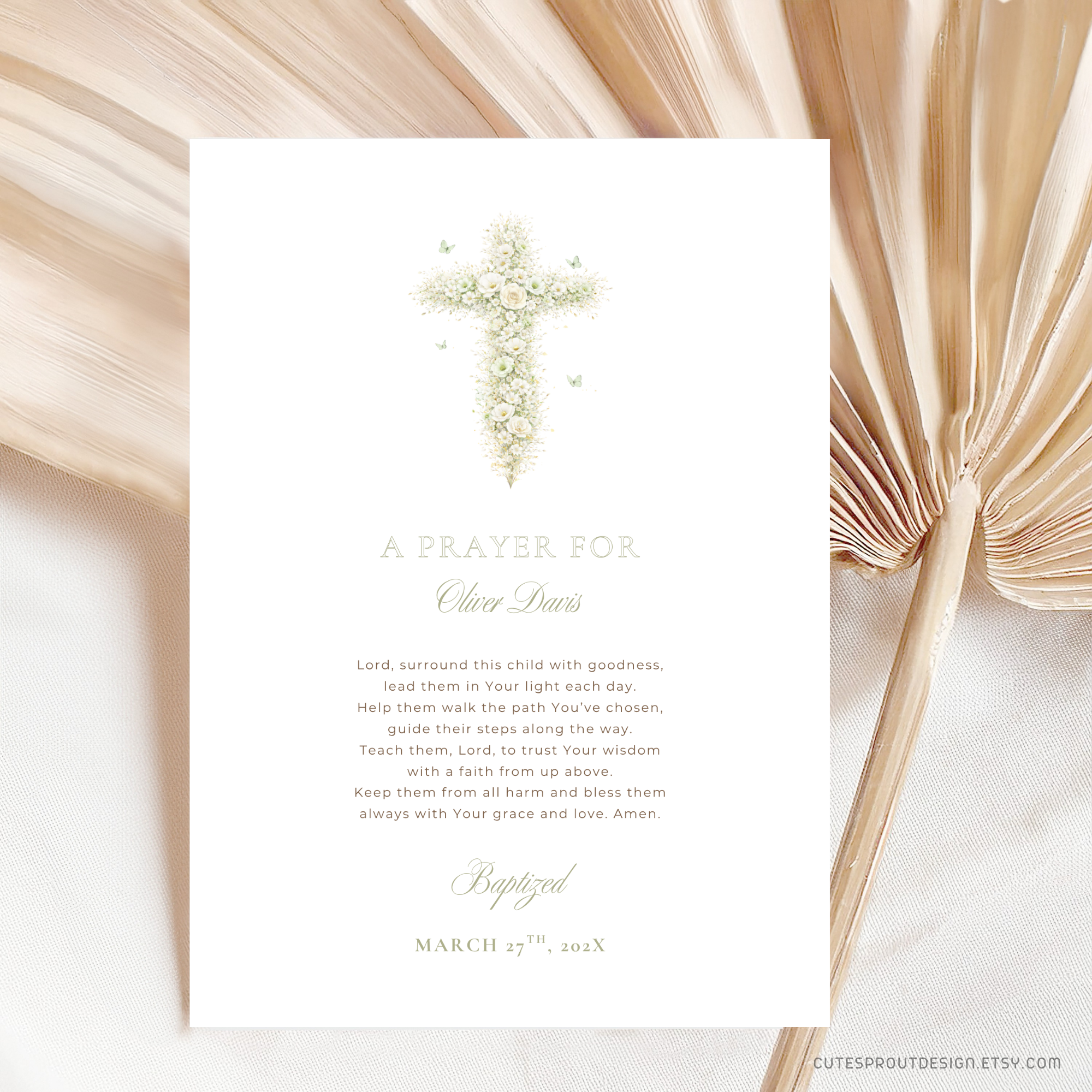 Elegant sage green floral baptism prayer sign with vintage floral cross editable in Canva for christening celebrations