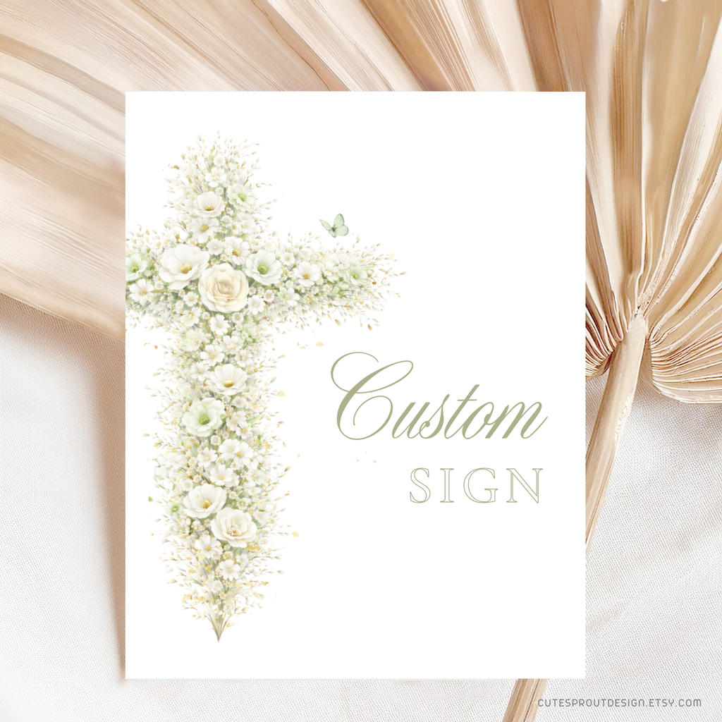 Elegant sage green floral baptism custom sign with vintage floral cross editable in Canva for christening celebrations