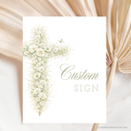 Elegant sage green floral baptism custom sign with vintage floral cross editable in Canva for christening celebrations