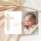 Vintage floral baptism thank you card with baby photo, neutral gold floral cross and elegant christening design