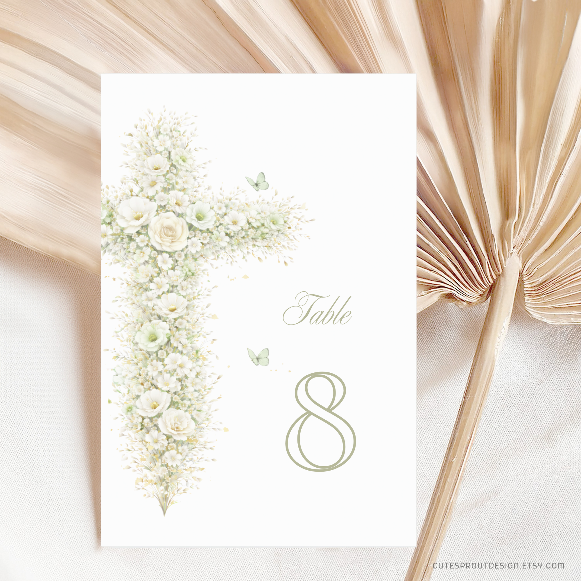 Vintage floral sage green baptism table sign with elegant floral cross and editable table number template