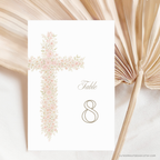 Soft pink floral baptism table sign with blush floral cross and elegant neutral religious design