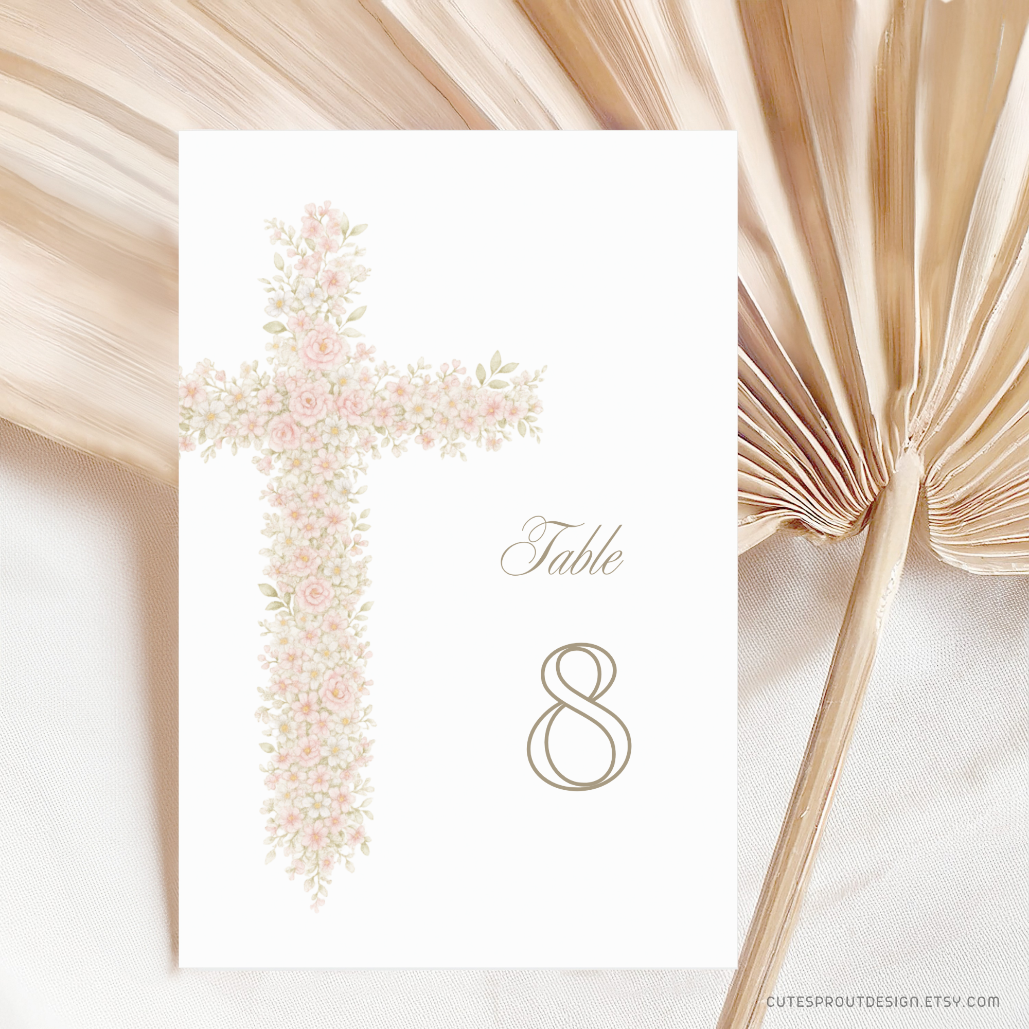 Soft pink floral baptism table sign with blush floral cross and elegant neutral religious design