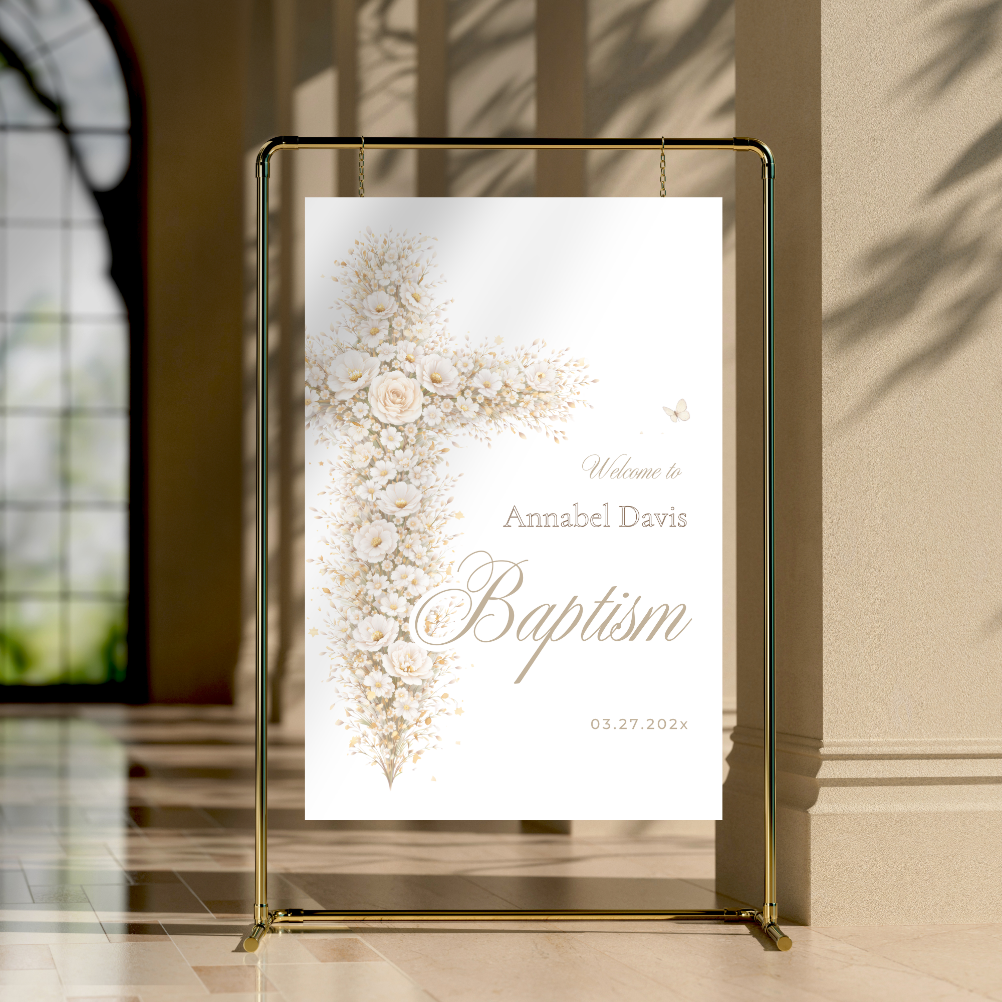 Vintage floral baptism welcome sign with neutral gold floral cross and elegant beige baptism theme