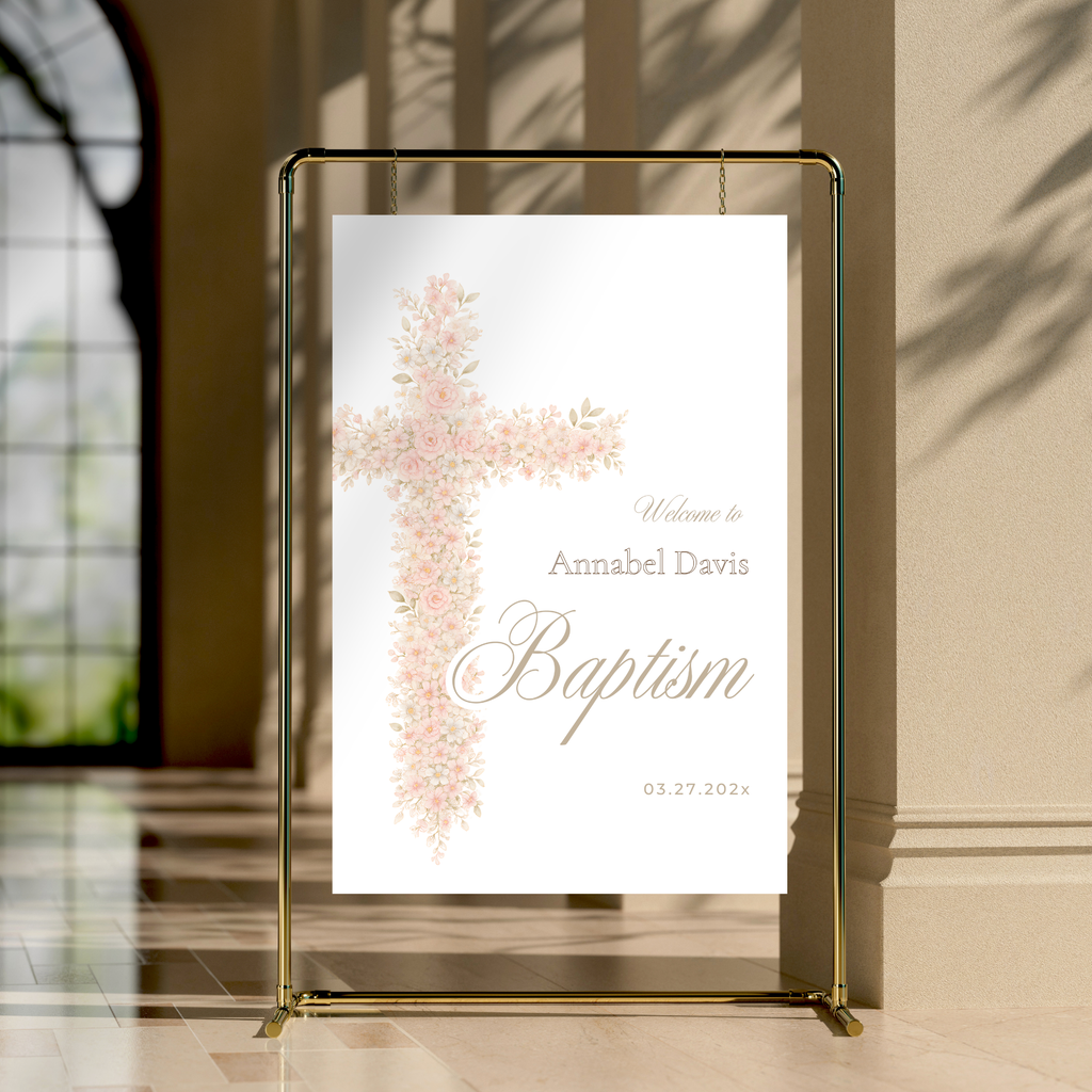 Soft pink floral baptism welcome sign with blush floral cross and elegant neutral religious design