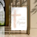 Soft pink floral baptism welcome sign with blush floral cross and elegant neutral religious design