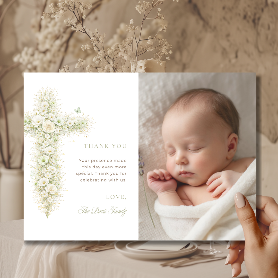 Vintage floral sage green baptism thank you card with baby photo and elegant floral cross editable in Canva