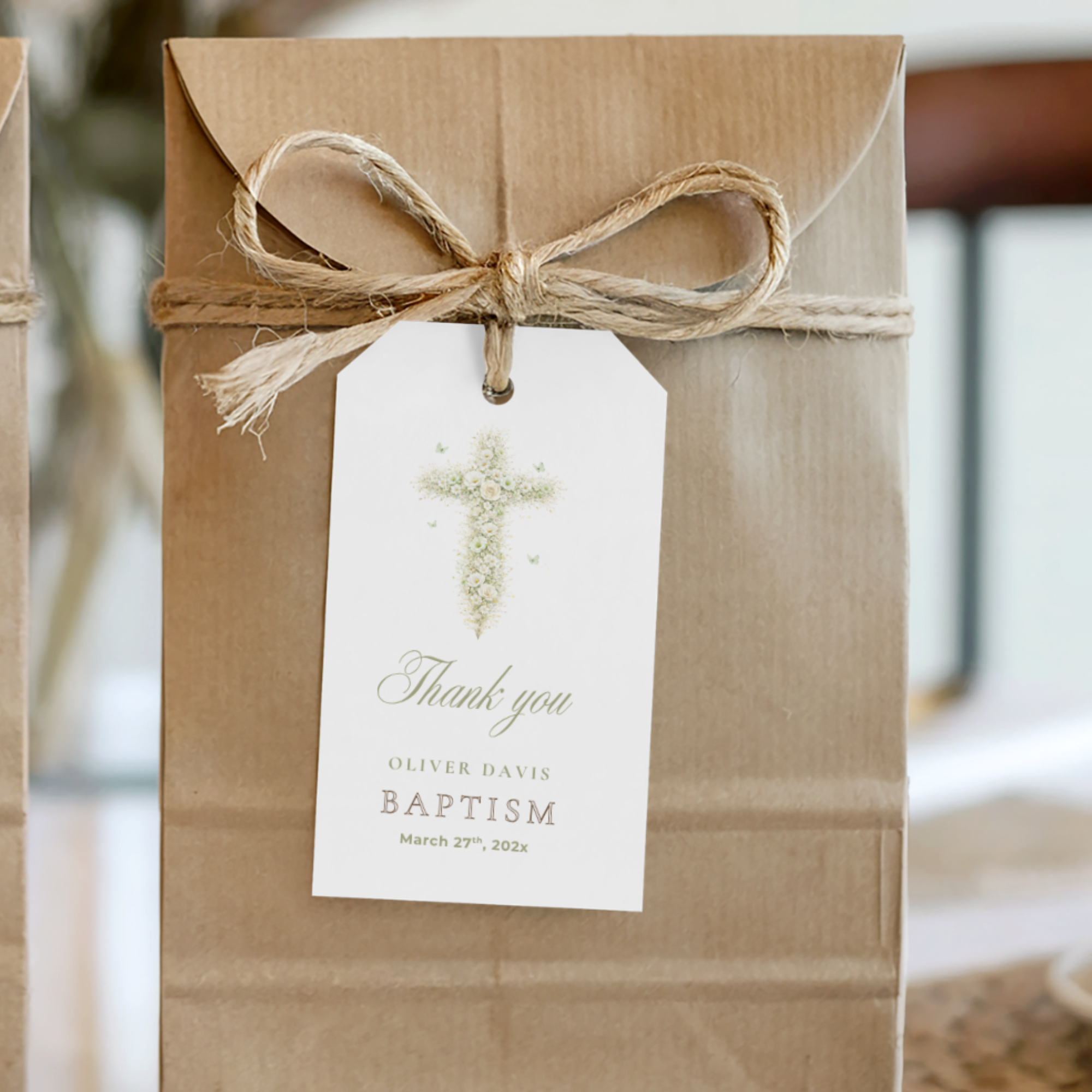 Elegant sage green floral baptism favor tag with vintage floral cross editable in Canva for gifts and party favors