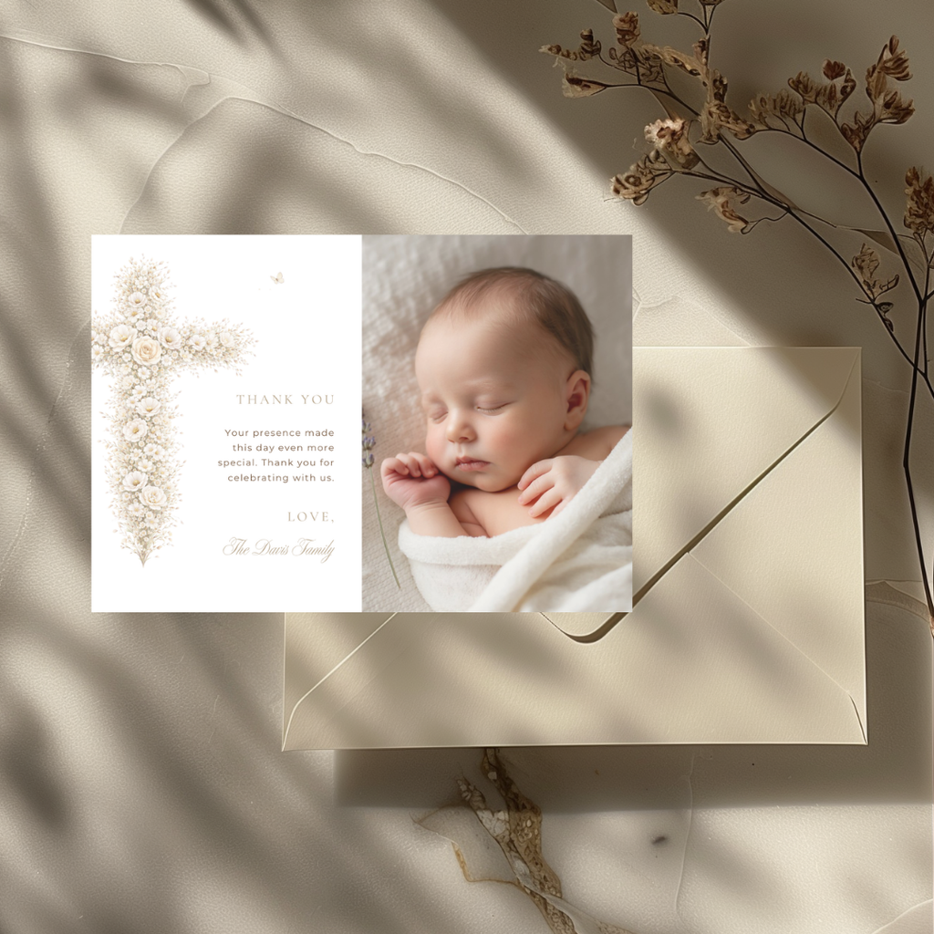 Vintage floral baptism thank you card with baby photo, neutral gold floral cross and elegant christening design