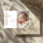 Vintage floral baptism thank you card with baby photo, neutral gold floral cross and elegant christening design