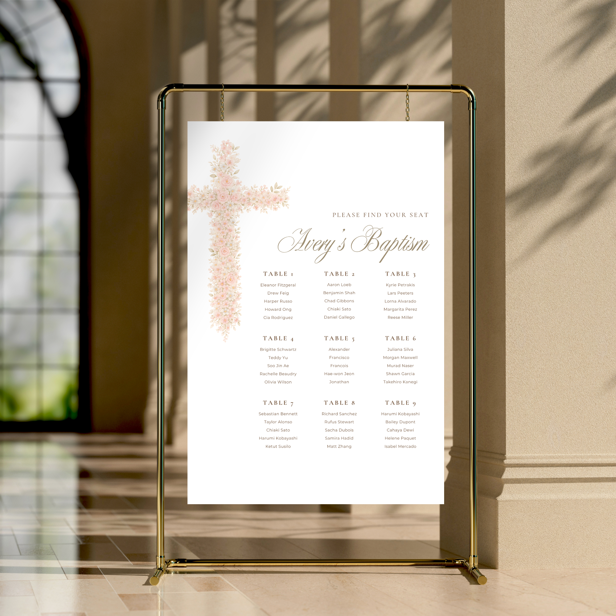 Soft pink floral baptism seating chart with elegant blush floral cross and editable table seating layout