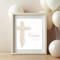 Vintage floral baptism custom sign with neutral gold floral cross and elegant beige christening event signage design