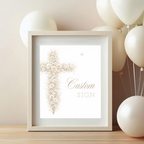 Vintage floral baptism custom sign with neutral gold floral cross and elegant beige christening event signage design
