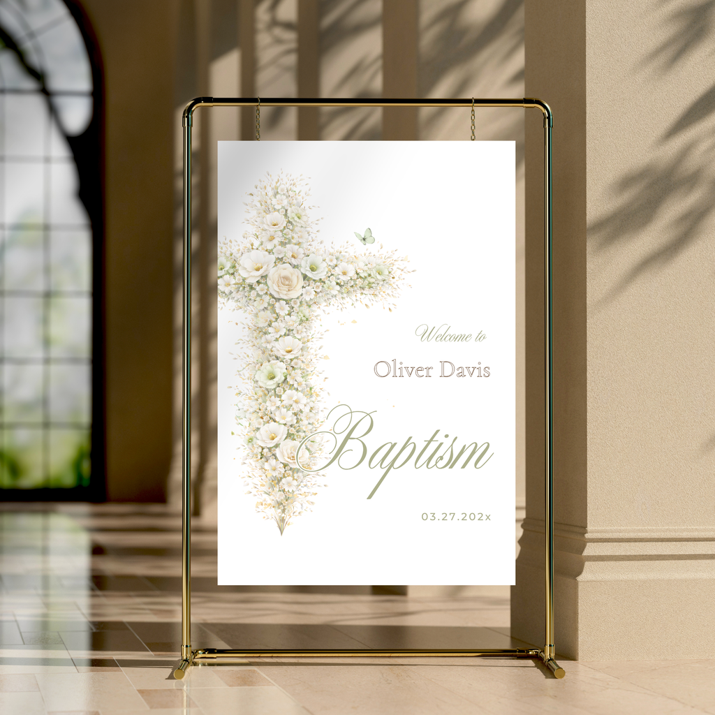 Vintage floral sage green baptism welcome sign with elegant floral cross and editable Canva template