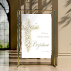 Vintage floral sage green baptism welcome sign with elegant floral cross and editable Canva template