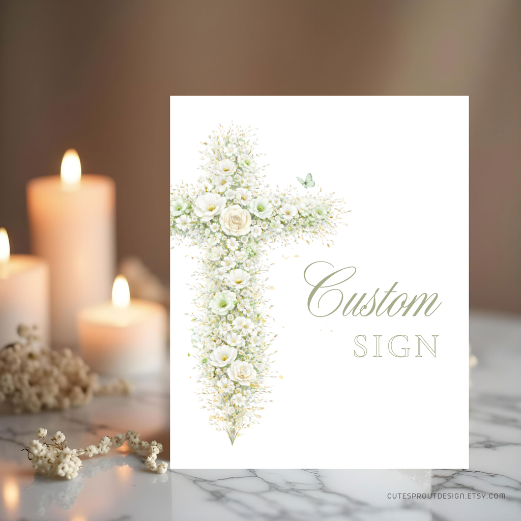 Elegant sage green floral baptism custom sign with vintage floral cross editable in Canva for christening celebrations