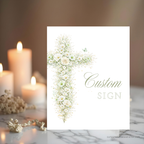 Elegant sage green floral baptism custom sign with vintage floral cross editable in Canva for christening celebrations