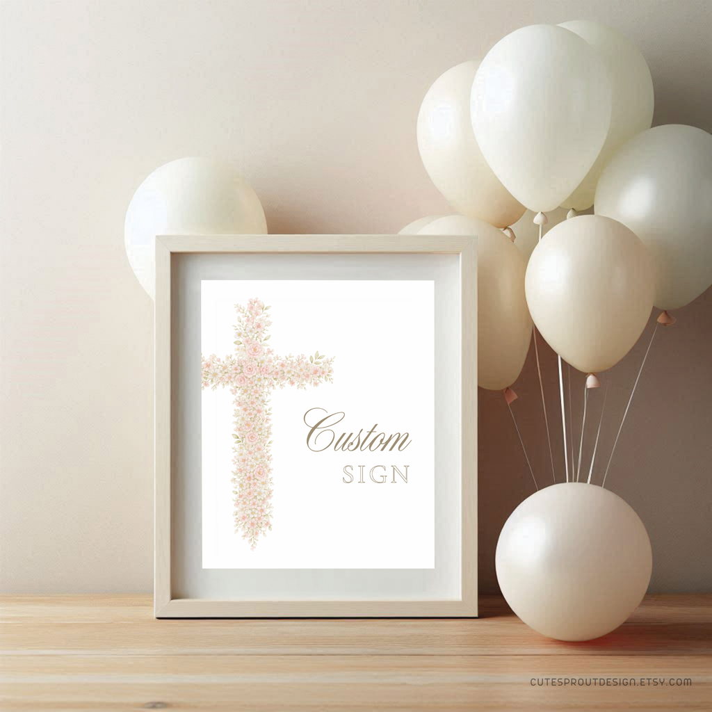 Soft pink floral baptism custom sign with elegant blush floral cross and editable personalized sign layout