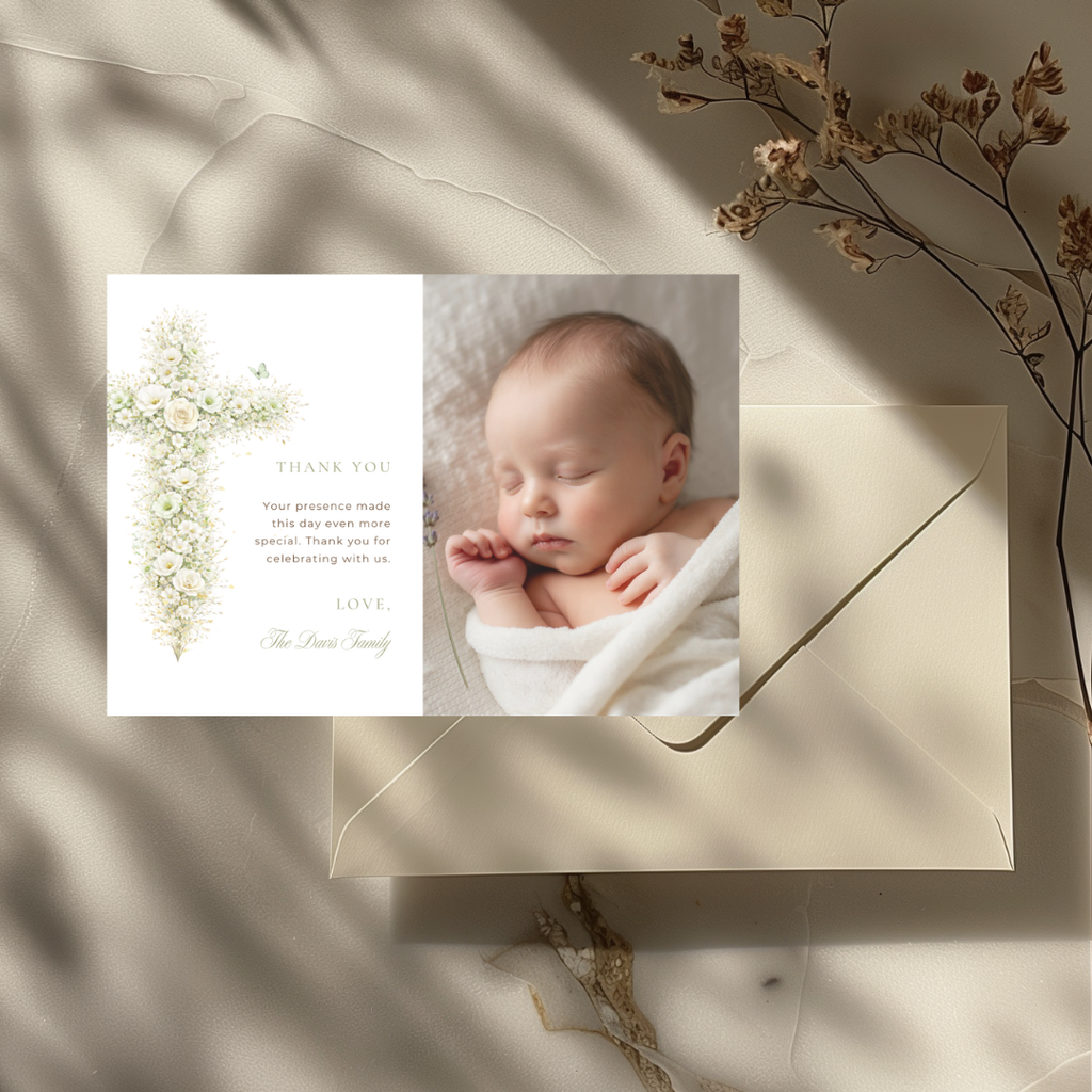 Vintage floral sage green baptism thank you card with baby photo and elegant floral cross editable in Canva