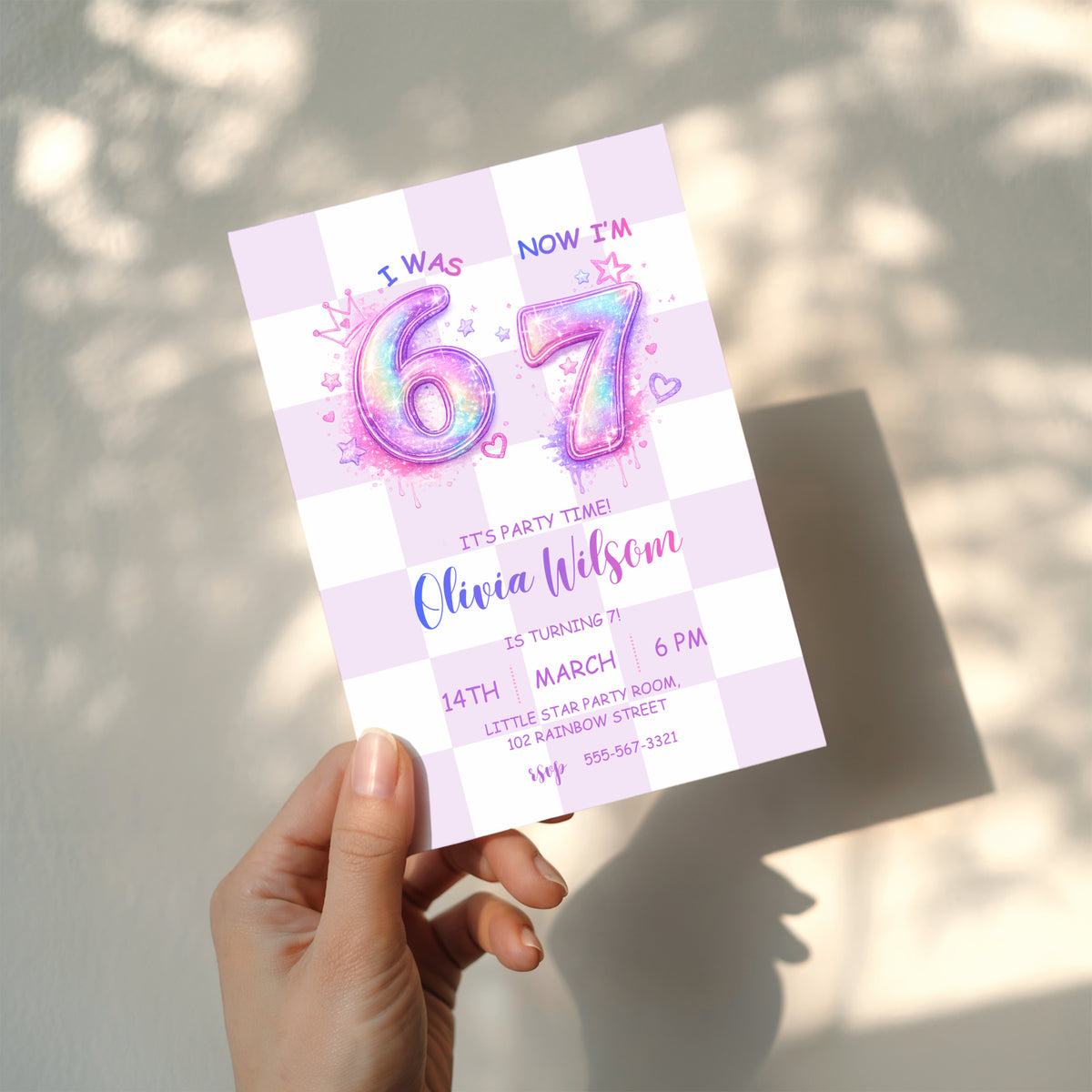 6 7 birthday invitation with sparkling pink and purple 67 numbers, stars, hearts and a pastel checkerboard background for a girly 7th birthday party.